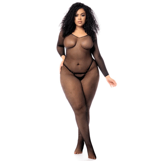 Babydoll Bleu Grande Taille Dentelle, Résille et String