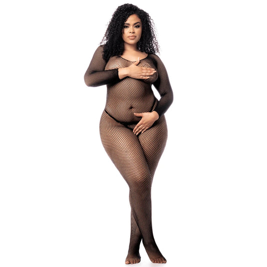 Babydoll Bleu Grande Taille Dentelle, Résille et String