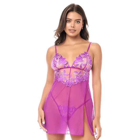 Babydoll Sexy en Résille Brodée Florale et String