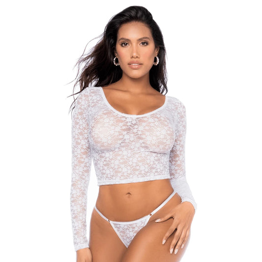 Ensemble 2 Pièces en Dentelle, Crop Top et String - Blanc