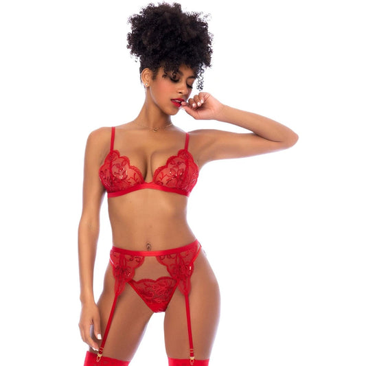 Ensemble 3 Pièces Soutien-gorge String Porte-jarretelle, - Rouge