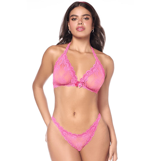 Ensemble Sexy 2 Pièces Rose en Dentelle Délicate avec Haut et String Assorti