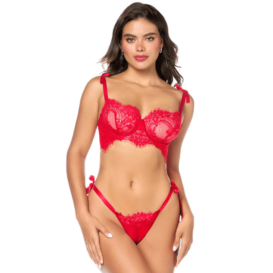 Ensemble Sexy 2 Pièces en Dentelle avec Liens à Nouer et String