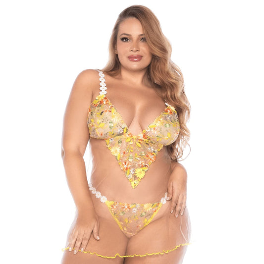 Nuisette Grande Taille Transparente Brodée Jaune et String