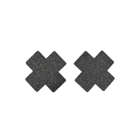 Paire de Cache Tétons Adhésifs Croix Pailletée - Noir