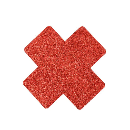 Paire de Cache Tétons Adhésifs Croix Pailletée - Rouge
