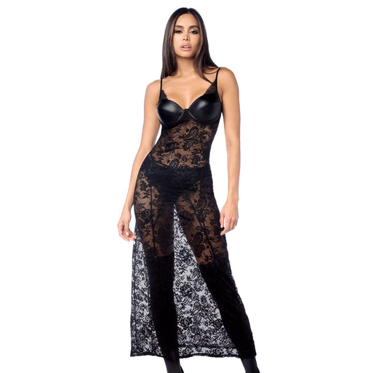 Robe Longue Sexy en Dentelle Cuir avec String et Porte-jarretelles