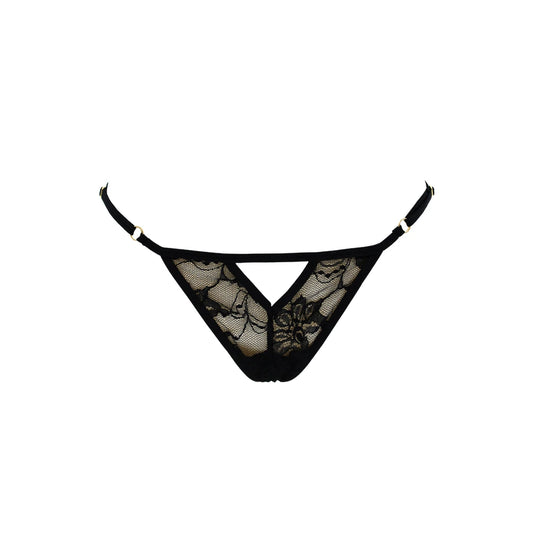 String Noir avec Bijou Perle Strass Dorés
